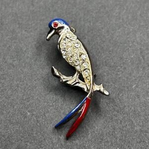 Vintage Bird-Shaped Rhinestone Brooch Pin with Red and Blue Enamel